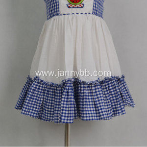 blue-white check poplin fabric embroidered baby dress
